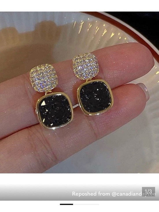 Vintage Jewelry - Gold Plated Black Crystal Drop Earrings with Pave Tops